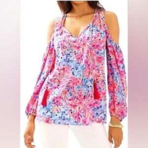 Lilly Pulitzer Cold Shoulder Pink and Purple Floral Top Sz XXS